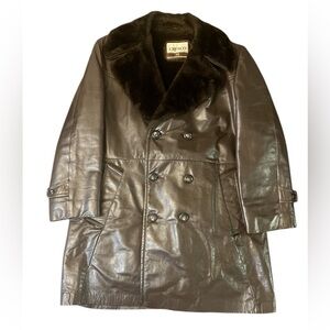 VINTAGE CHOCOLATE BROWN LEATHER FAUX FUR LINED OVER COAT SIZE 42